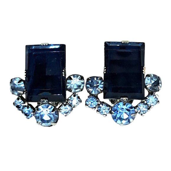 Vintage Blue Rhinestone Earrings Two Tone Blue Checkerboard Clip On Costume Jewe - Picture 2 of 10